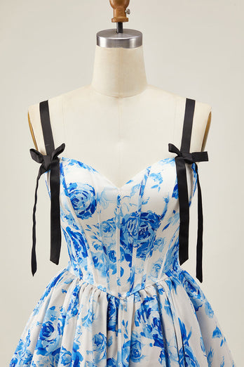 Floral White Fuchsia A Line Short Corset Homecoming Dress with Bows