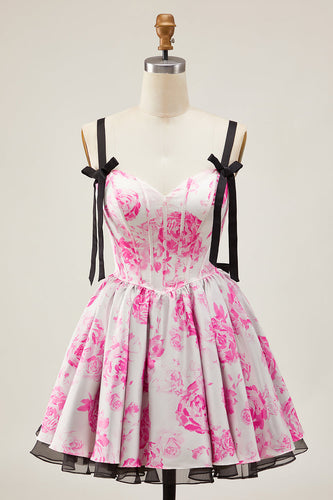 Floral White Fuchsia A Line Short Corset Homecoming Dress with Bows