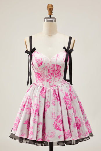Floral White Fuchsia A Line Short Corset Homecoming Dress with Bows
