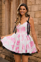 Load image into Gallery viewer, Floral White Fuchsia A Line Short Corset Homecoming Dress with Bows