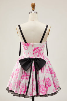 Floral White Fuchsia A Line Short Corset Homecoming Dress with Bows