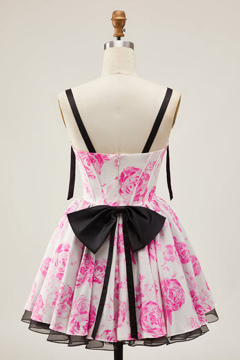 Floral White Fuchsia A Line Short Corset Homecoming Dress with Bows