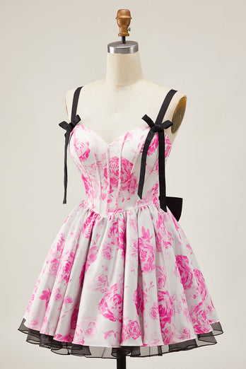 Floral White Fuchsia A Line Short Corset Homecoming Dress with Bows