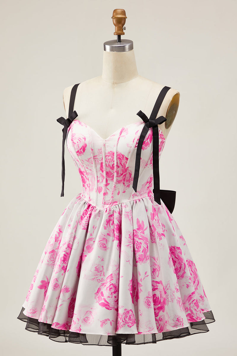 Load image into Gallery viewer, Floral White Fuchsia A Line Short Corset Homecoming Dress with Bows