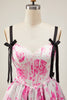 Load image into Gallery viewer, Floral White Fuchsia A Line Short Corset Homecoming Dress with Bows
