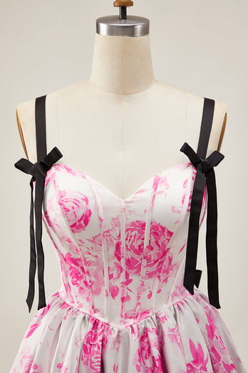 Floral White Fuchsia A Line Short Corset Homecoming Dress with Bows