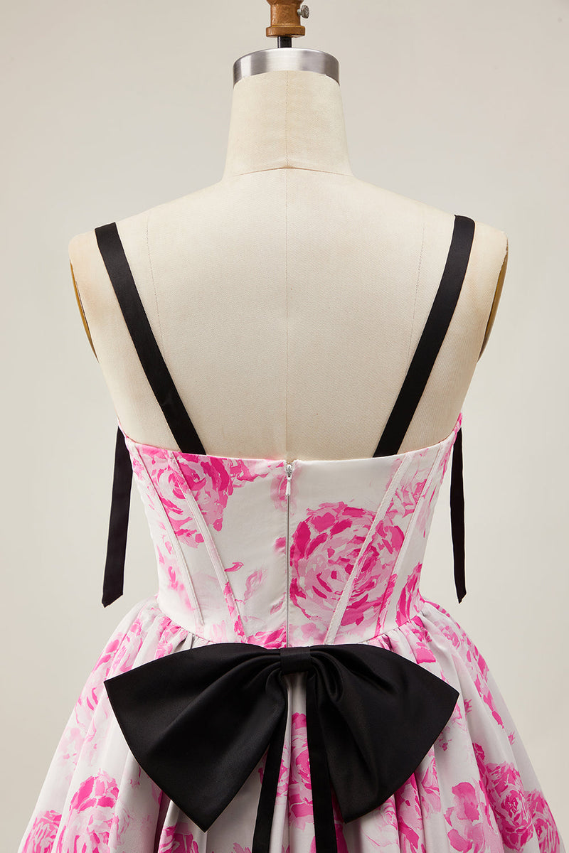 Load image into Gallery viewer, Floral White Fuchsia A Line Short Corset Homecoming Dress with Bows
