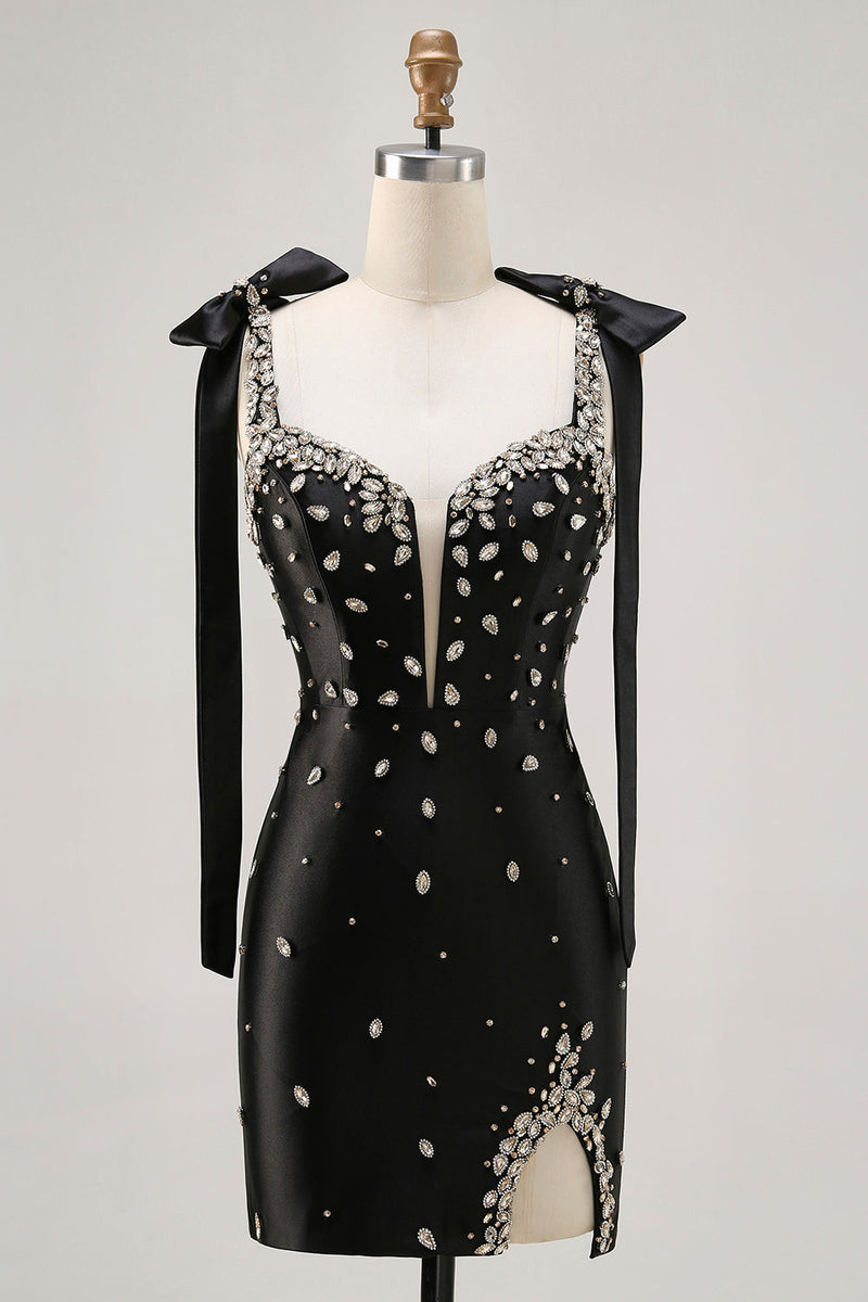 Load image into Gallery viewer, Black Sparkly Satin Tight Short Homecoming Dress with Rhinestones