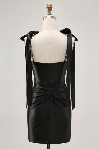 Black Sparkly Satin Tight Short Homecoming Dress with Rhinestones