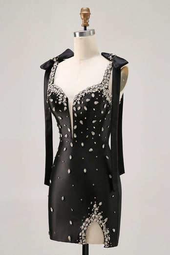 Black Sparkly Satin Tight Short Homecoming Dress with Rhinestones