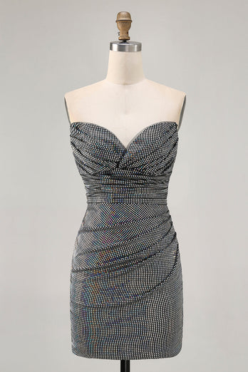 Sparkly Black Strapless Sequin Ruched Short Tight Homecoming Dress