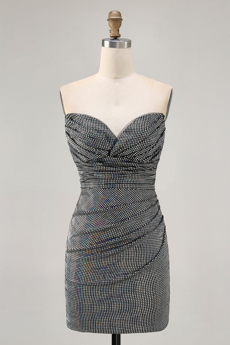 Load image into Gallery viewer, Sparkly Black Strapless Sequin Ruched Short Tight Homecoming Dress
