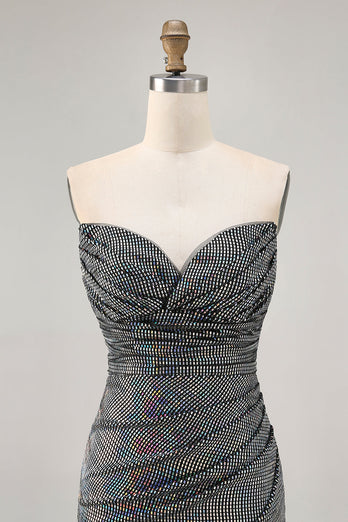 Sparkly Black Strapless Sequin Ruched Short Tight Homecoming Dress