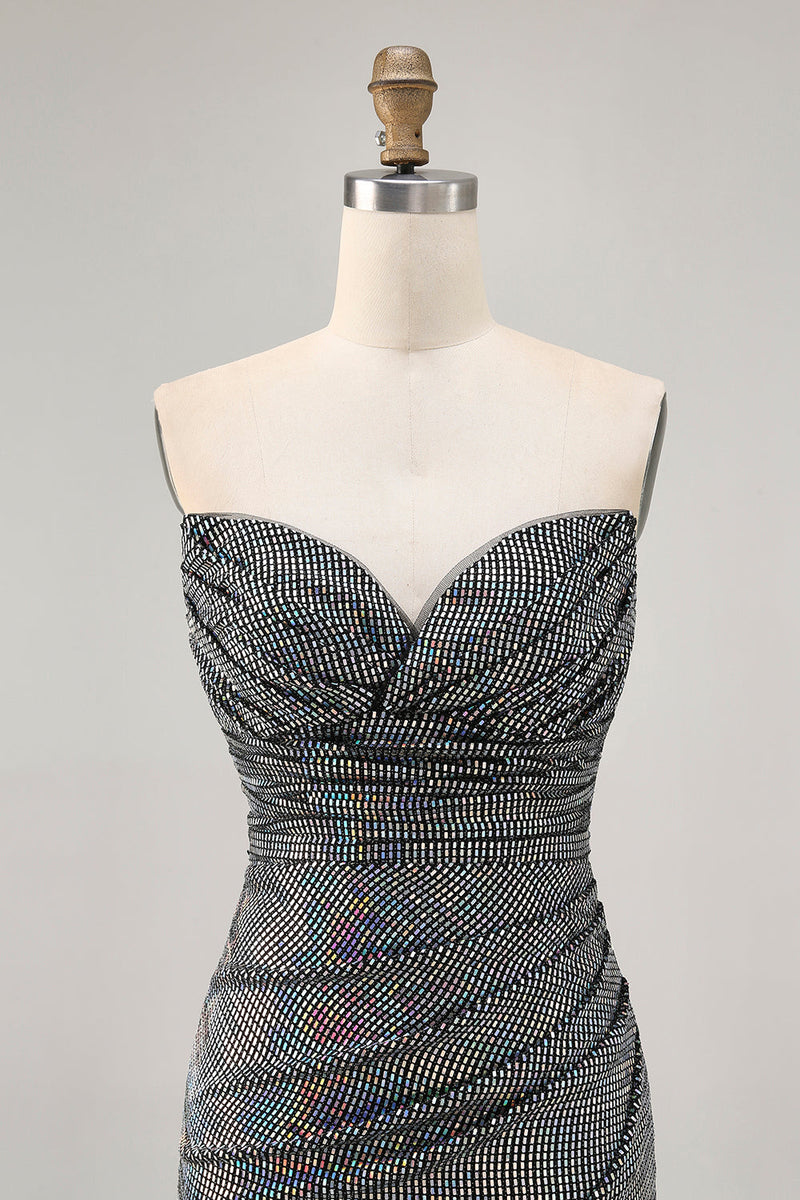 Load image into Gallery viewer, Sparkly White Silver Sequin Strapless Ruched Short Tight Homecoming Dress