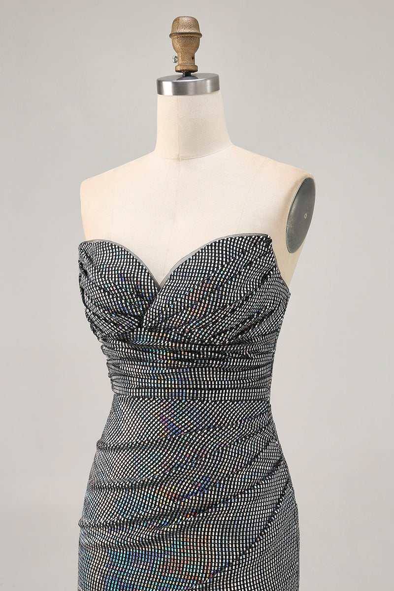 Load image into Gallery viewer, Sparkly Black Strapless Sequin Ruched Short Tight Homecoming Dress