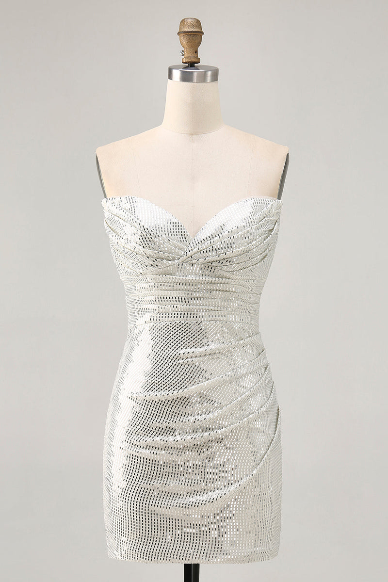 Load image into Gallery viewer, Sparkly Black Strapless Sequin Ruched Short Tight Homecoming Dress
