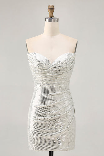 Sparkly White Silver Sequin Strapless Ruched Short Tight Homecoming Dress