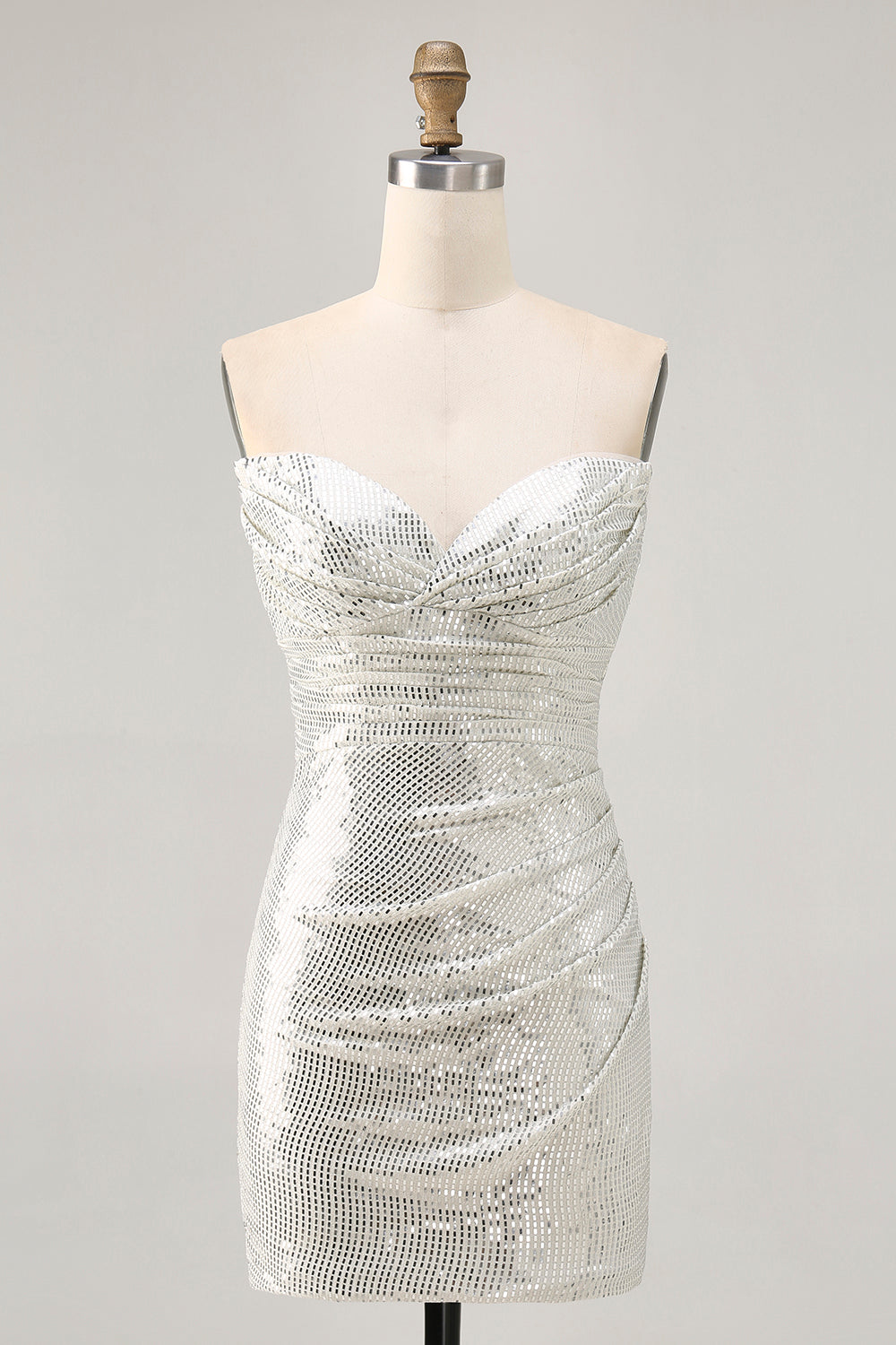 Sparkly White Silver Sequin Strapless Ruched Short Tight Homecoming Dress
