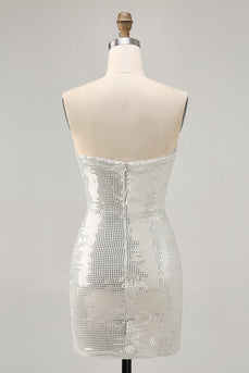 Sparkly White Silver Sequin Strapless Ruched Short Tight Homecoming Dress