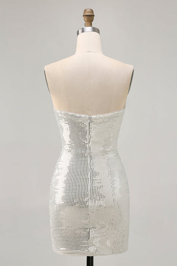 Sparkly White Silver Sequin Strapless Ruched Short Tight Homecoming Dress