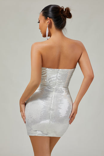 Sparkly White Silver Sequin Strapless Ruched Short Tight Homecoming Dress