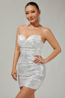 Load image into Gallery viewer, Sparkly Black Strapless Sequin Ruched Short Tight Homecoming Dress