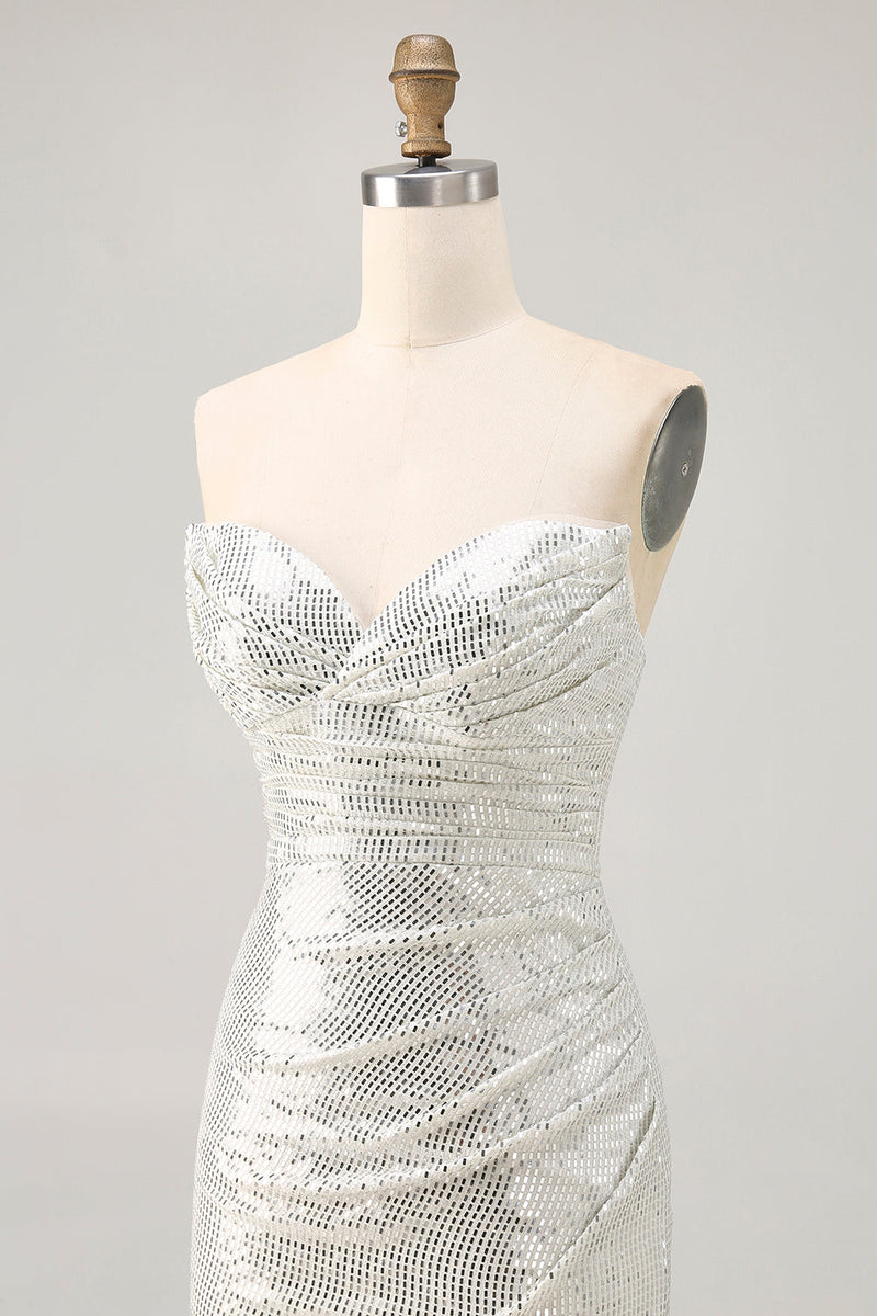Load image into Gallery viewer, Sparkly Black Strapless Sequin Ruched Short Tight Homecoming Dress