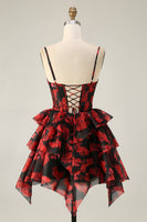 Load image into Gallery viewer, Black Red A Line Short Corset Tiered Homecoming Dress with Ruffles