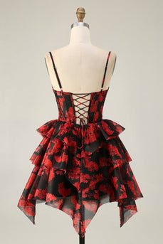 Black Red A Line Short Corset Tiered Homecoming Dress with Ruffles