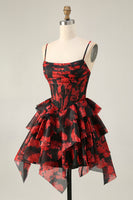 Load image into Gallery viewer, Black Red A Line Short Corset Tiered Homecoming Dress with Ruffles