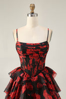 Load image into Gallery viewer, Black Red A Line Short Corset Tiered Homecoming Dress with Ruffles