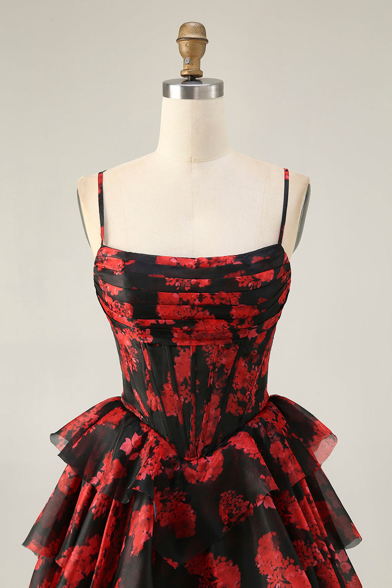 Load image into Gallery viewer, Black Red A Line Short Corset Tiered Homecoming Dress with Ruffles