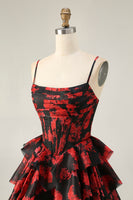 Load image into Gallery viewer, Black Red A Line Short Corset Tiered Homecoming Dress with Ruffles