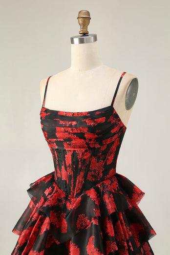 Black Red A Line Short Corset Tiered Homecoming Dress with Ruffles