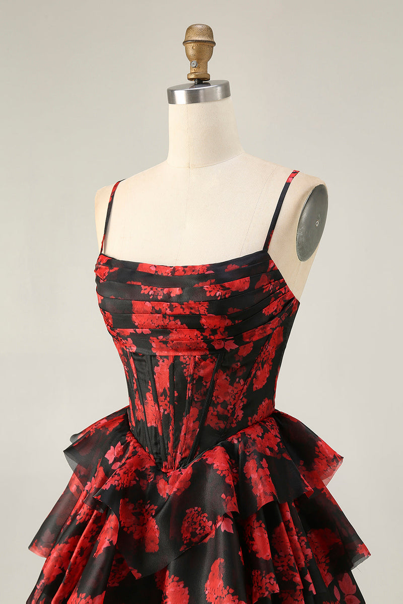 Load image into Gallery viewer, Black Red A Line Short Corset Tiered Homecoming Dress with Ruffles