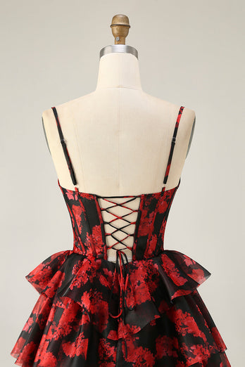 Black Red A Line Short Corset Tiered Homecoming Dress with Ruffles