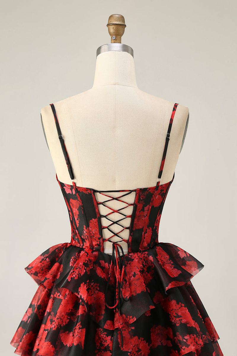 Load image into Gallery viewer, Black Red A Line Short Corset Tiered Homecoming Dress with Ruffles