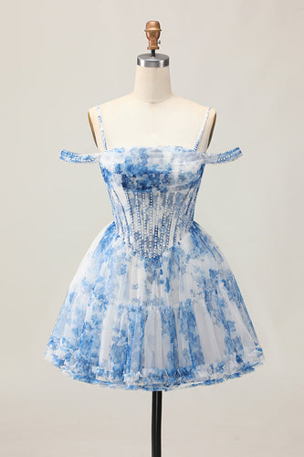 White Blue Flower Cold Shoulder A Line Short Corset Homecoming Dress