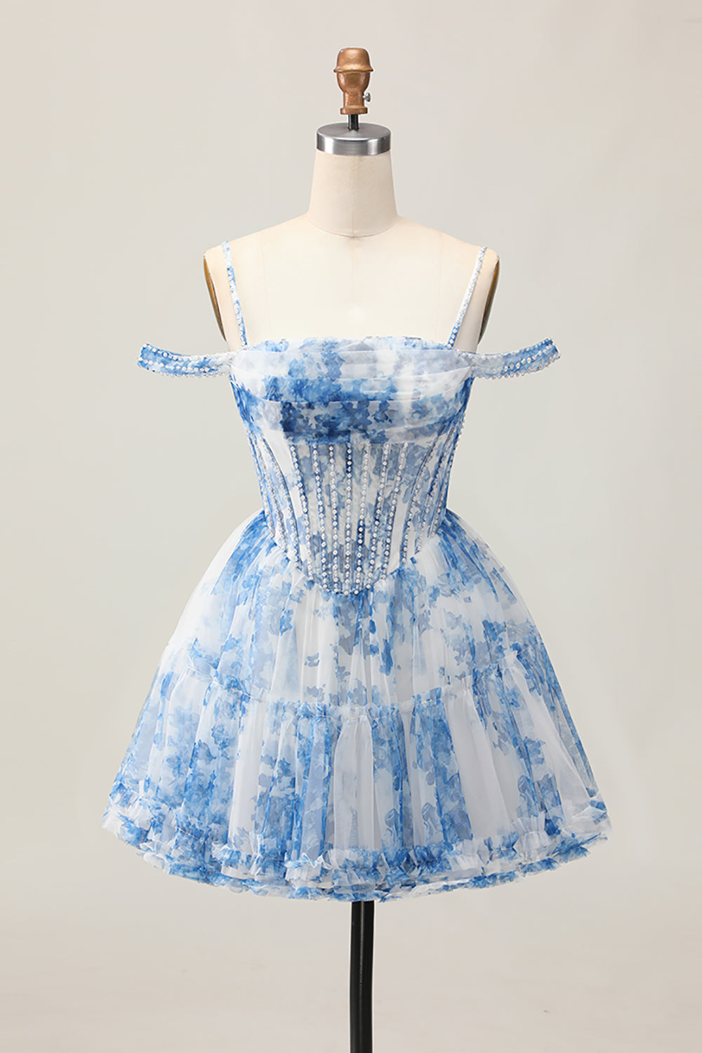 White Blue Flower Cold Shoulder A Line Short Corset Homecoming Dress