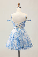 Load image into Gallery viewer, White Blue Flower Cold Shoulder A Line Short Corset Homecoming Dress