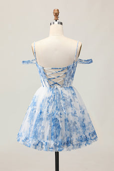 White Blue Flower Cold Shoulder A Line Short Corset Homecoming Dress