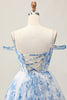 Load image into Gallery viewer, White Blue Flower Cold Shoulder A Line Short Corset Homecoming Dress
