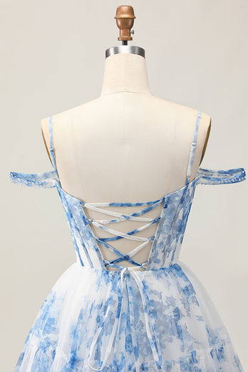 White Blue Flower Cold Shoulder A Line Short Corset Homecoming Dress