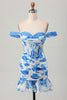 Load image into Gallery viewer, Floral White and Blue Corset Tight Short Homecoming Dress with Appliques