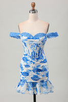 Load image into Gallery viewer, Floral White and Blue Corset Tight Short Homecoming Dress with Appliques