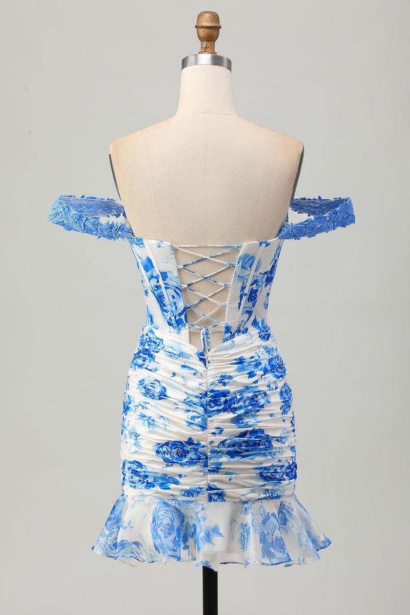 Load image into Gallery viewer, Floral White and Blue Corset Tight Short Homecoming Dress with Appliques