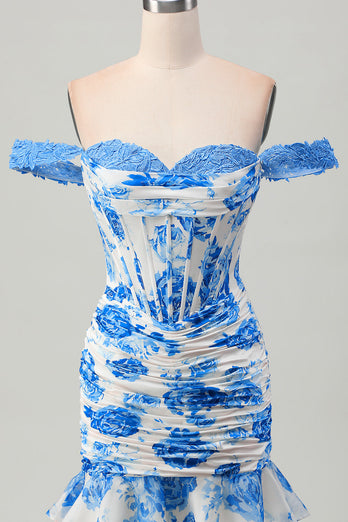 Floral White and Blue Corset Tight Short Homecoming Dress with Appliques