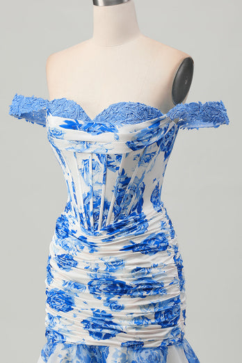 Floral White and Blue Corset Tight Short Homecoming Dress with Appliques