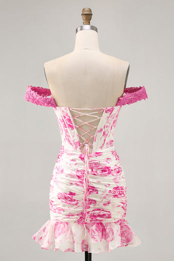 Floral White and Blue Corset Tight Short Homecoming Dress with Appliques