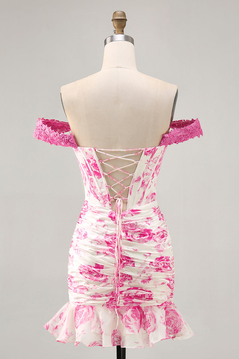 Load image into Gallery viewer, Floral White and Blue Corset Tight Short Homecoming Dress with Appliques